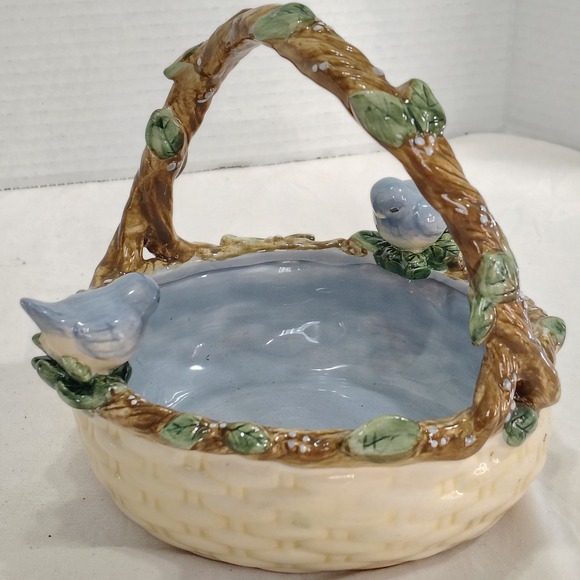 Majolica Potter Basket Weave Planter Bowl Decorative Accent‎ Cottagecore Decor - Picture 4 of 6